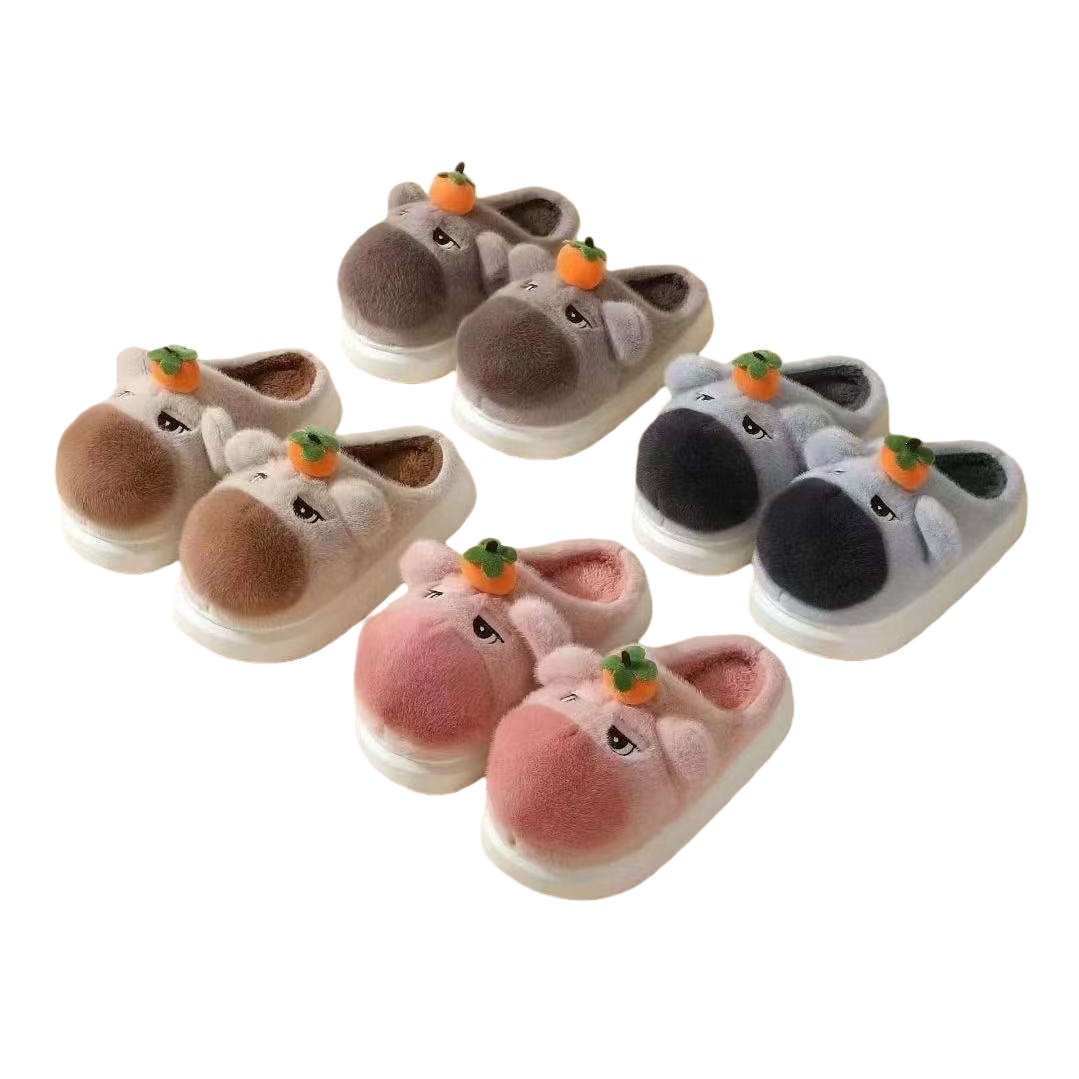 Plush cartoon animal slippers available in multiple colors such as gray, pink and brown, with orange persimmon decoration and EVA white base Item Picture