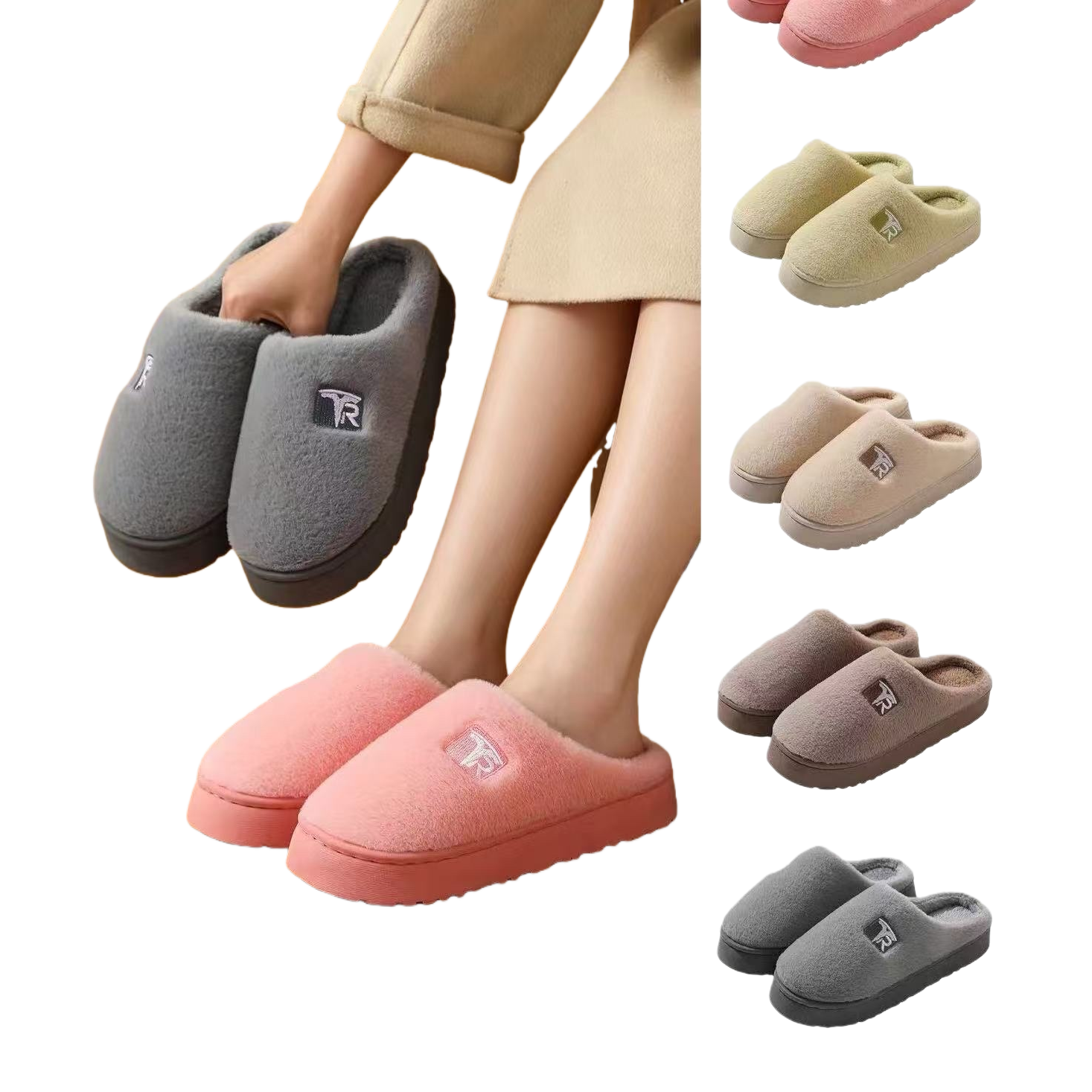 Pink plush slippers for women's home warmth, thickened cotton slippers for couples, autumn and winter indoor soft soles Item Picture