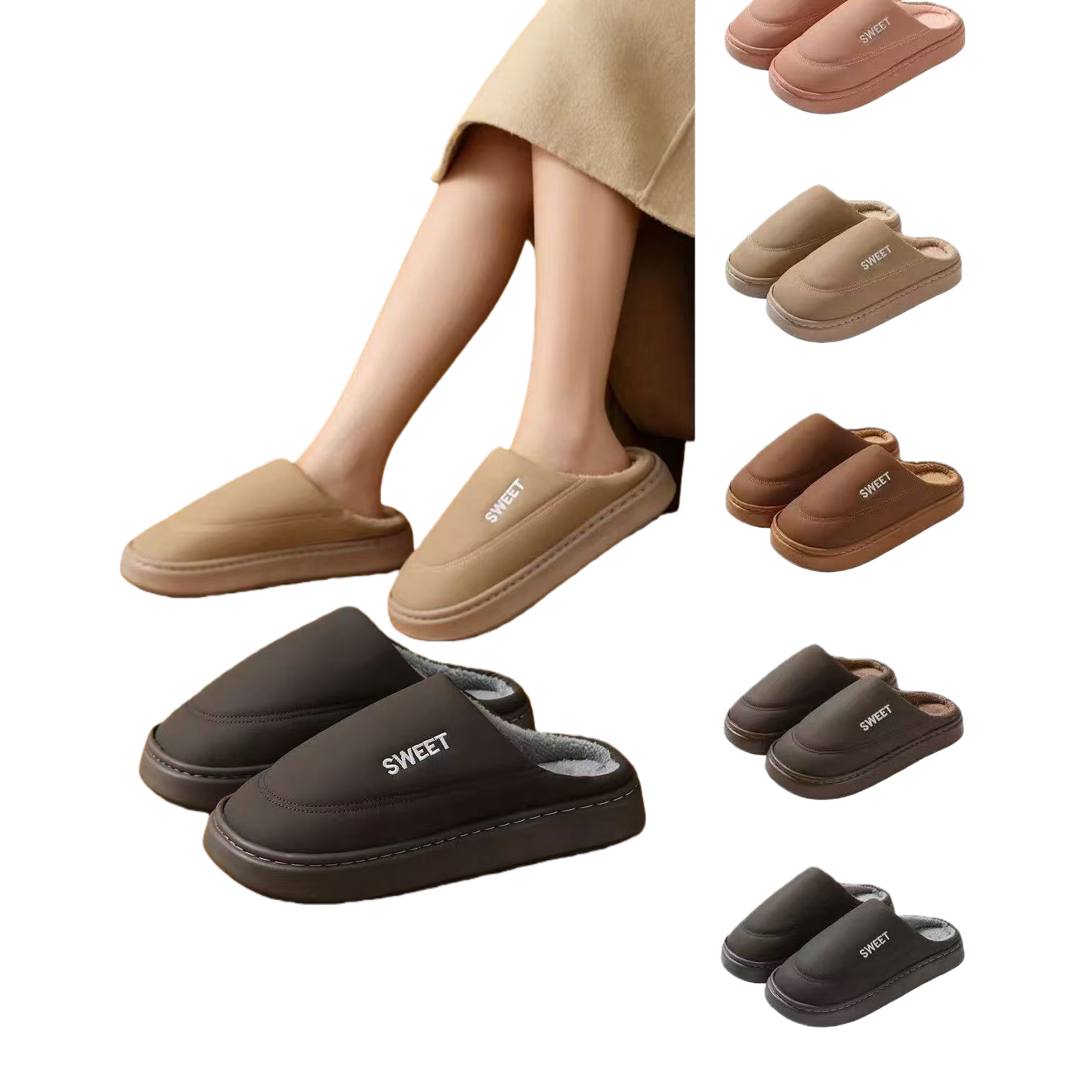 The beige cotton slippers for ladies' home are soft, anti-slip and suitable for all seasons Item Picture
