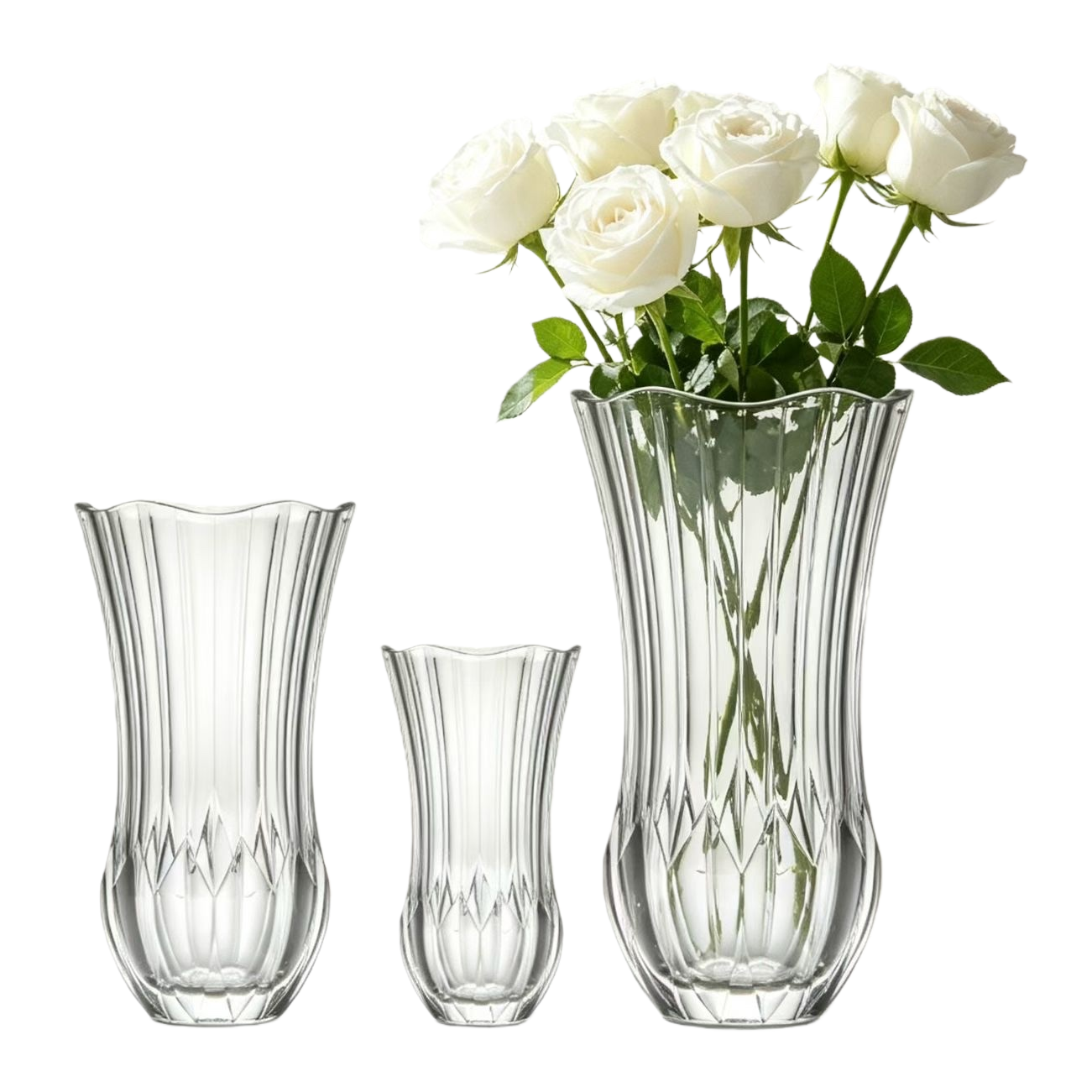 A transparent glass vase with a white rose bouquet for home decoration Item Picture