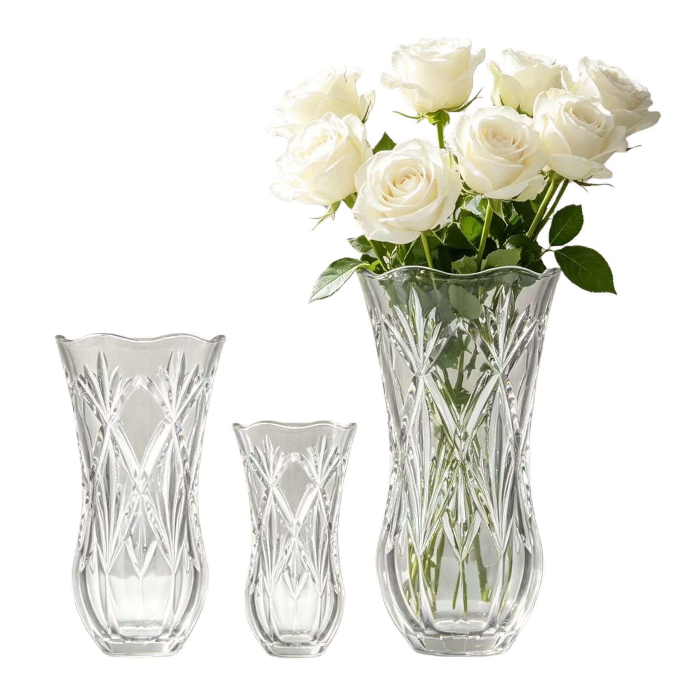 A transparent crystal vase with a white rose bouquet for home decoration Item Picture