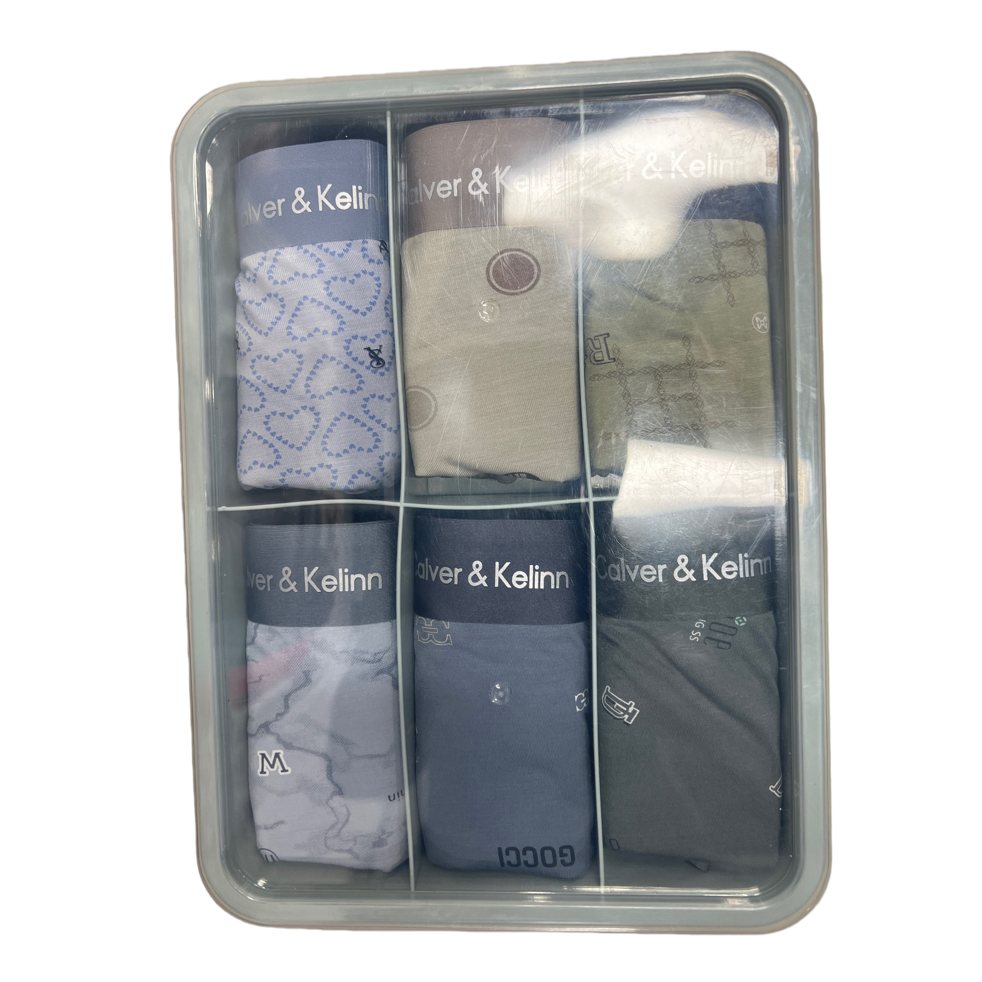 透明塑料收纳盒装六条Calver & Kelinn品牌内裤白底实物图