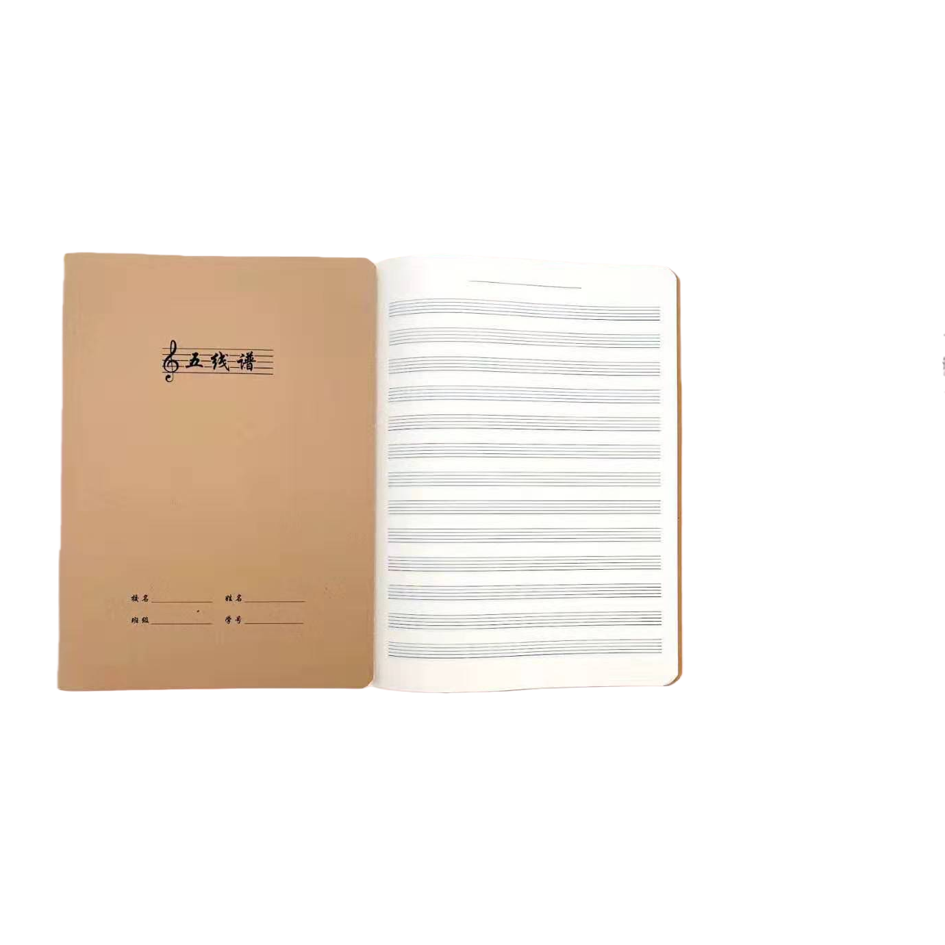 The inner page of the brown staff notebook, the staff cover, the treble clef, name, class, student number, green potted plant, and white keyboard Item Picture