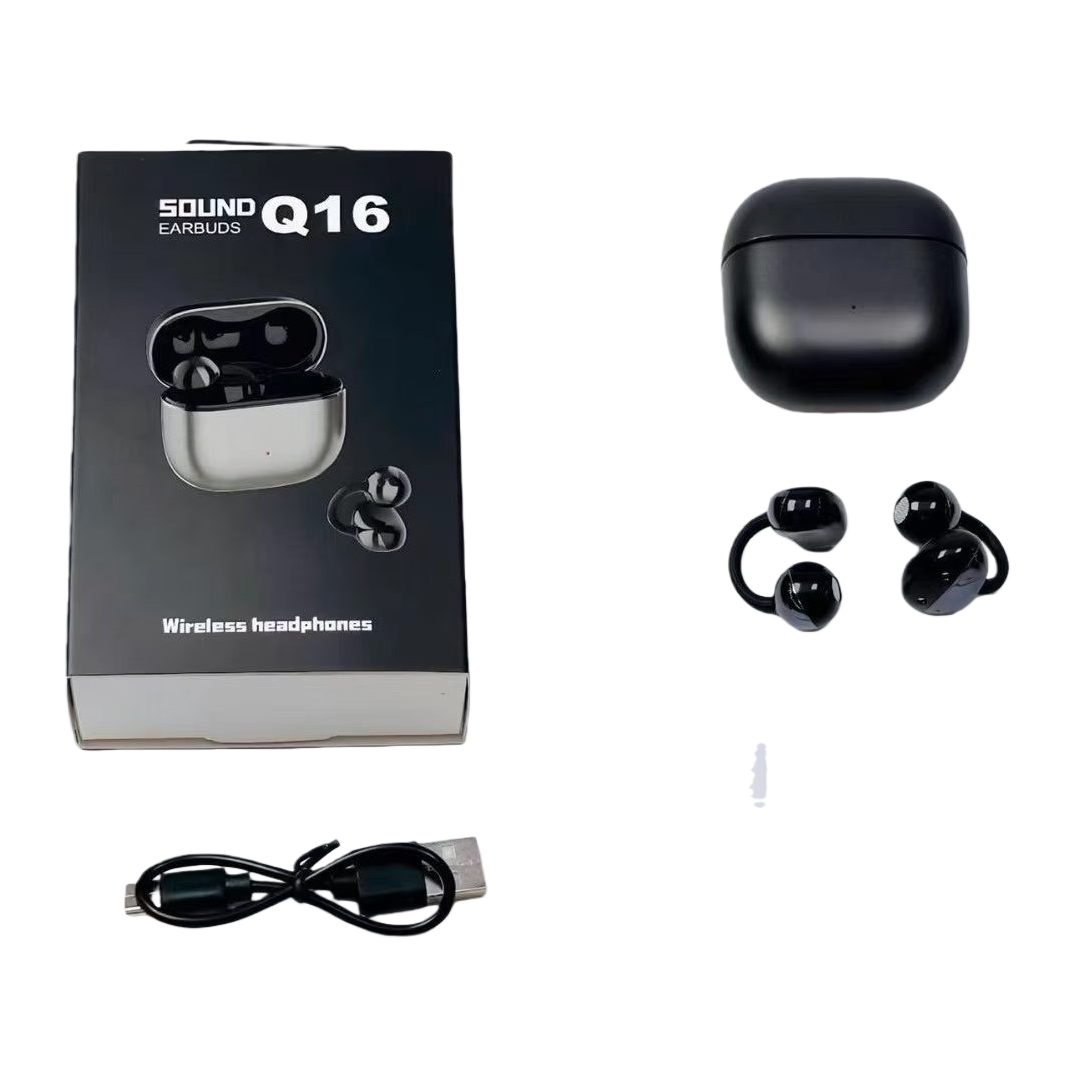 Black wireless earphone set with charging case, earbuds, data cable, instruction manual and packaging box Item Picture