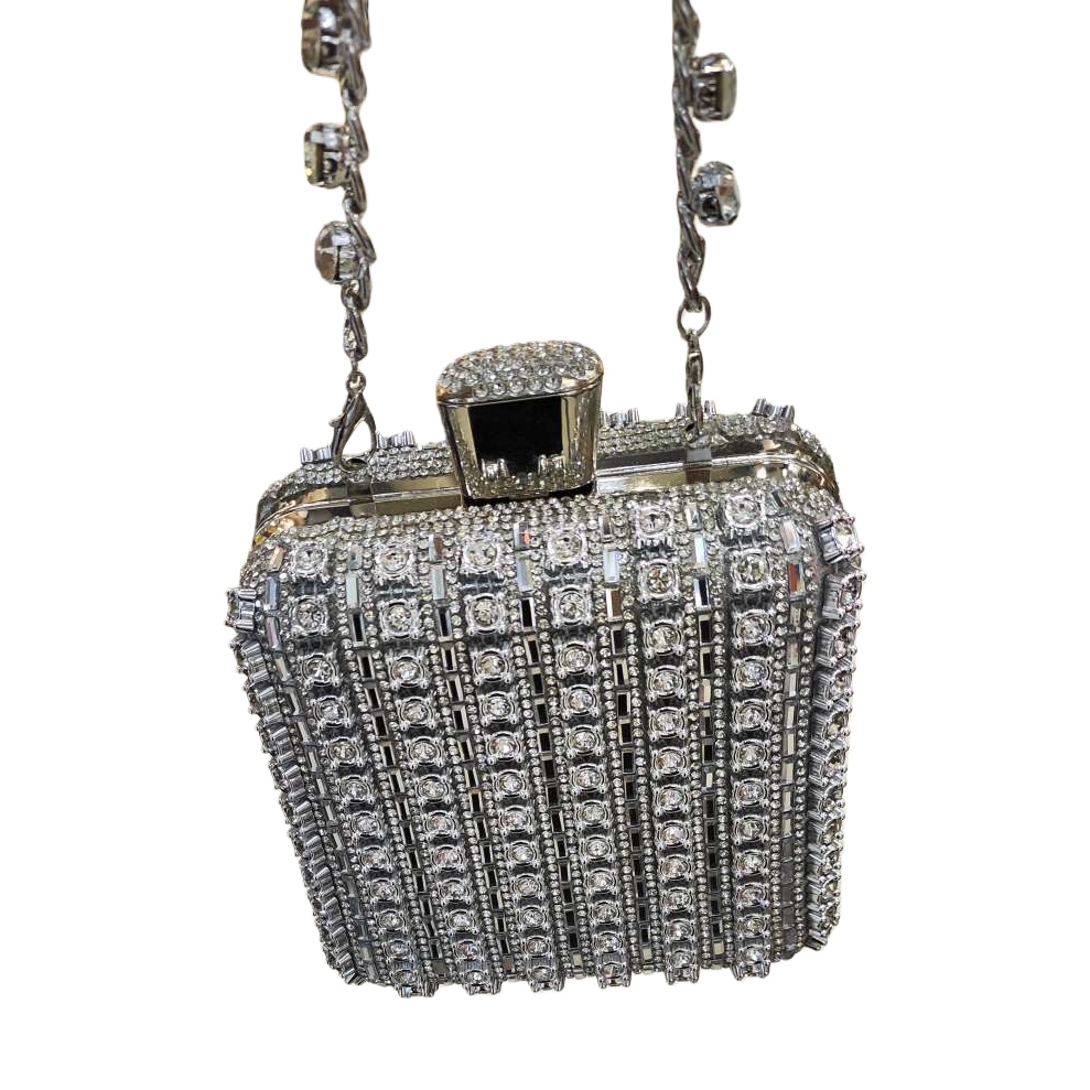 A silver diamond-encrusted handbag for women, a fashionable and versatile commuter light luxury small square bag Item Picture