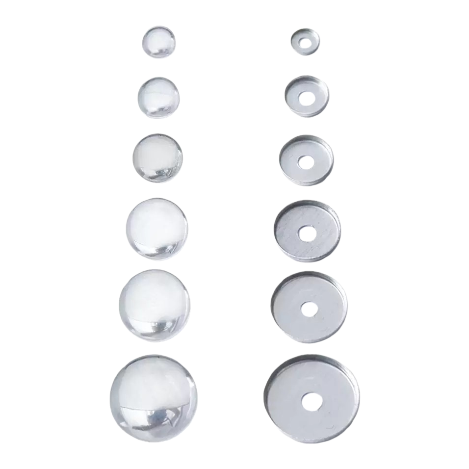 DIY handmade clothing accessories with silver metal buttons and transparent spherical cover pieces Item Picture