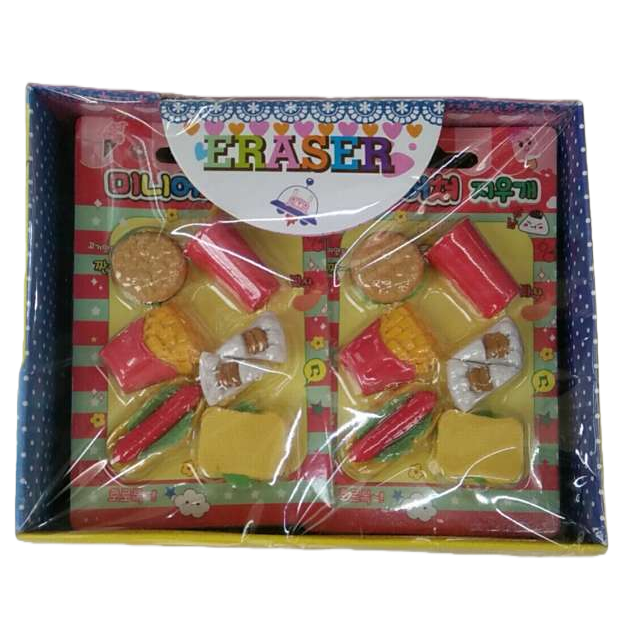 卡通食物造型橡皮擦套装 汉堡薯条热狗彩色包装盒白底实物图