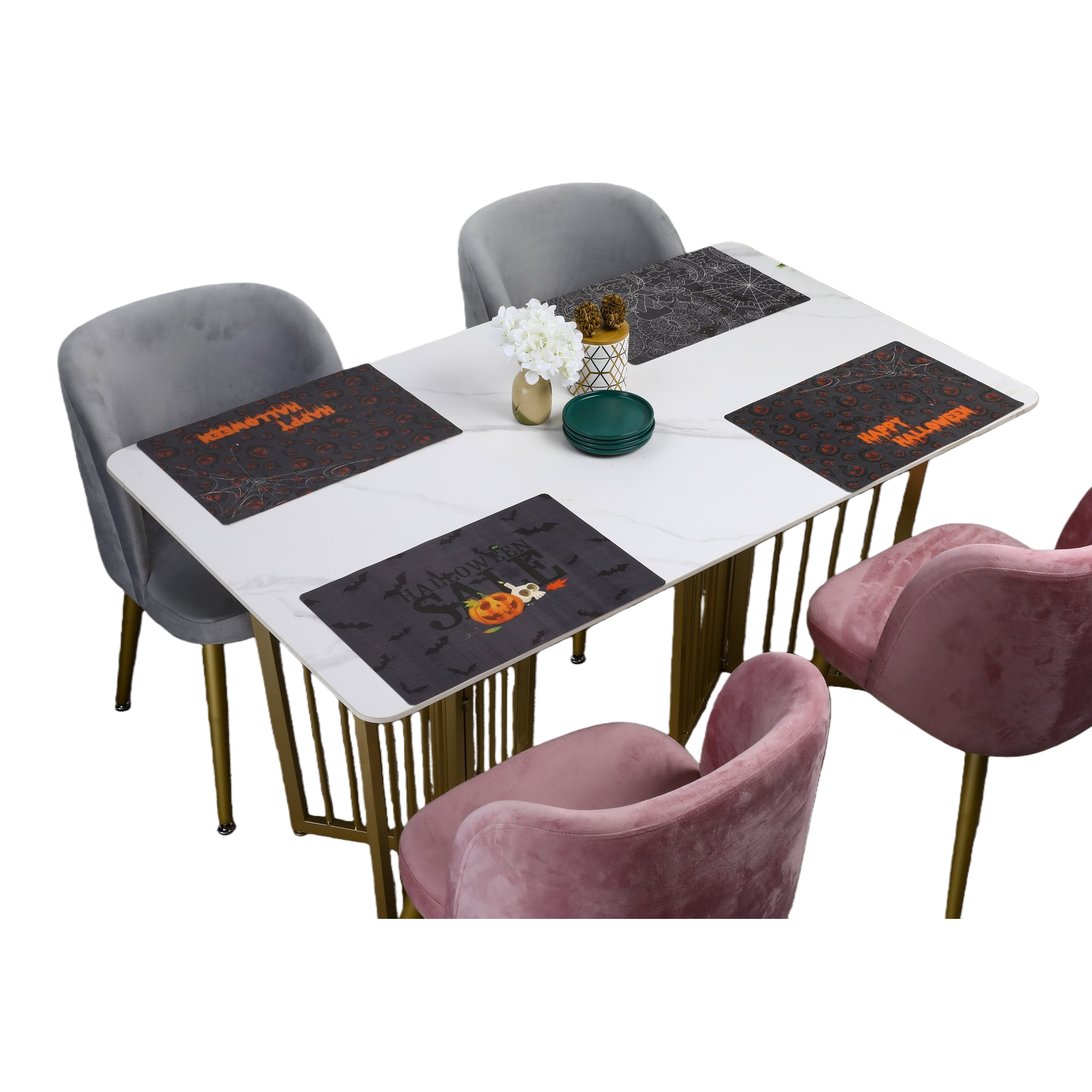 A white marble dining table with grey and pink suede chairs and Halloween-themed placemats Item Picture