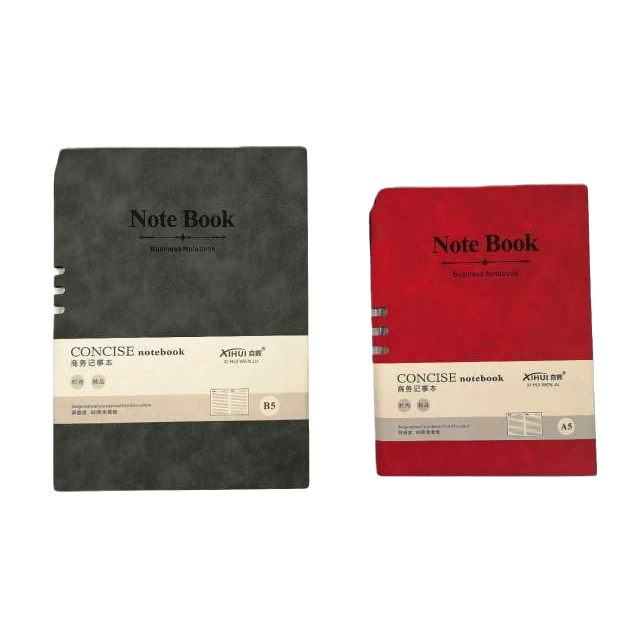 A simple leather notebook with a dark grey and red cover Item Picture