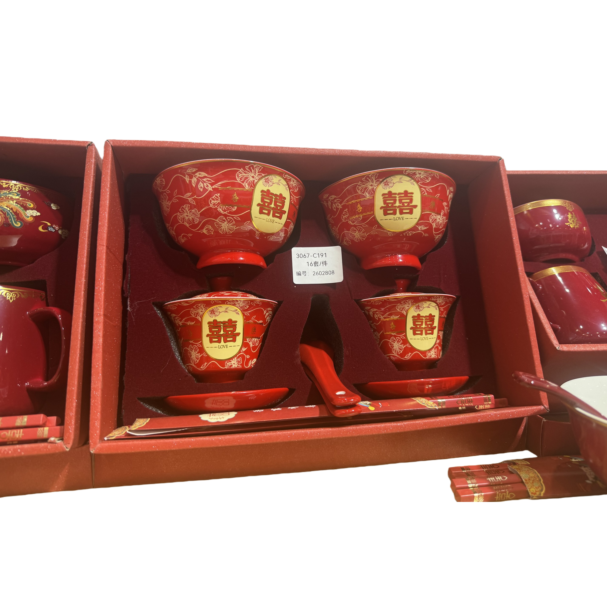Red festive ceramic tableware set, home Chinese-style wedding bowls, plates and tea sets gift box Item Picture