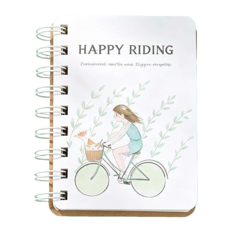 The cover of the white spiral-bound notebook is printed with the words "HAPPY RIDING" and the illustration of a girl riding a bike with a cat Item Picture