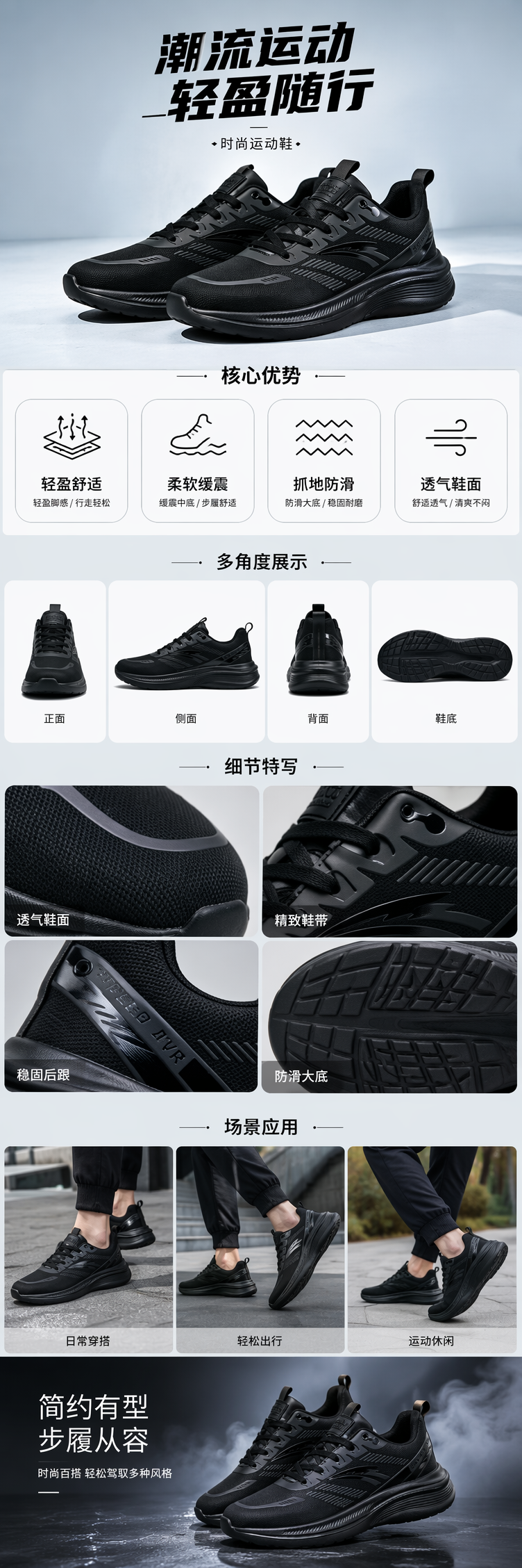黑色运动鞋 透气缓震轻便男女士休闲跑步鞋详情1