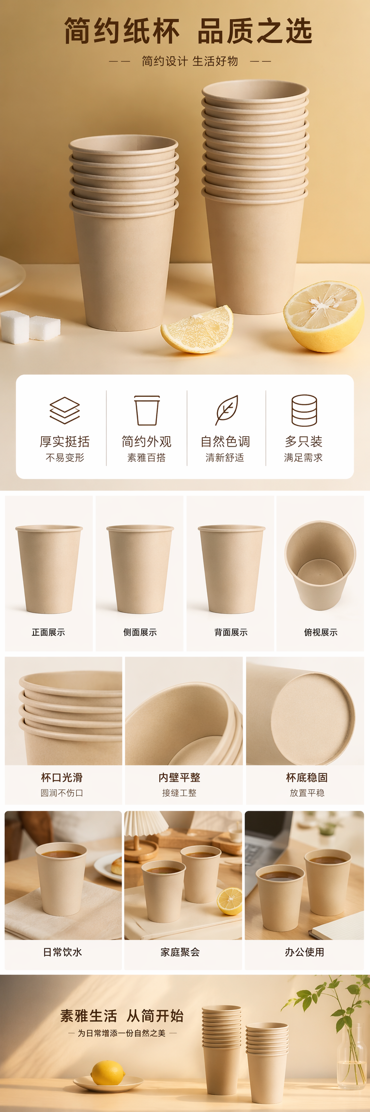 米色一次性纸杯家用办公奶茶咖啡杯 200ml详情1