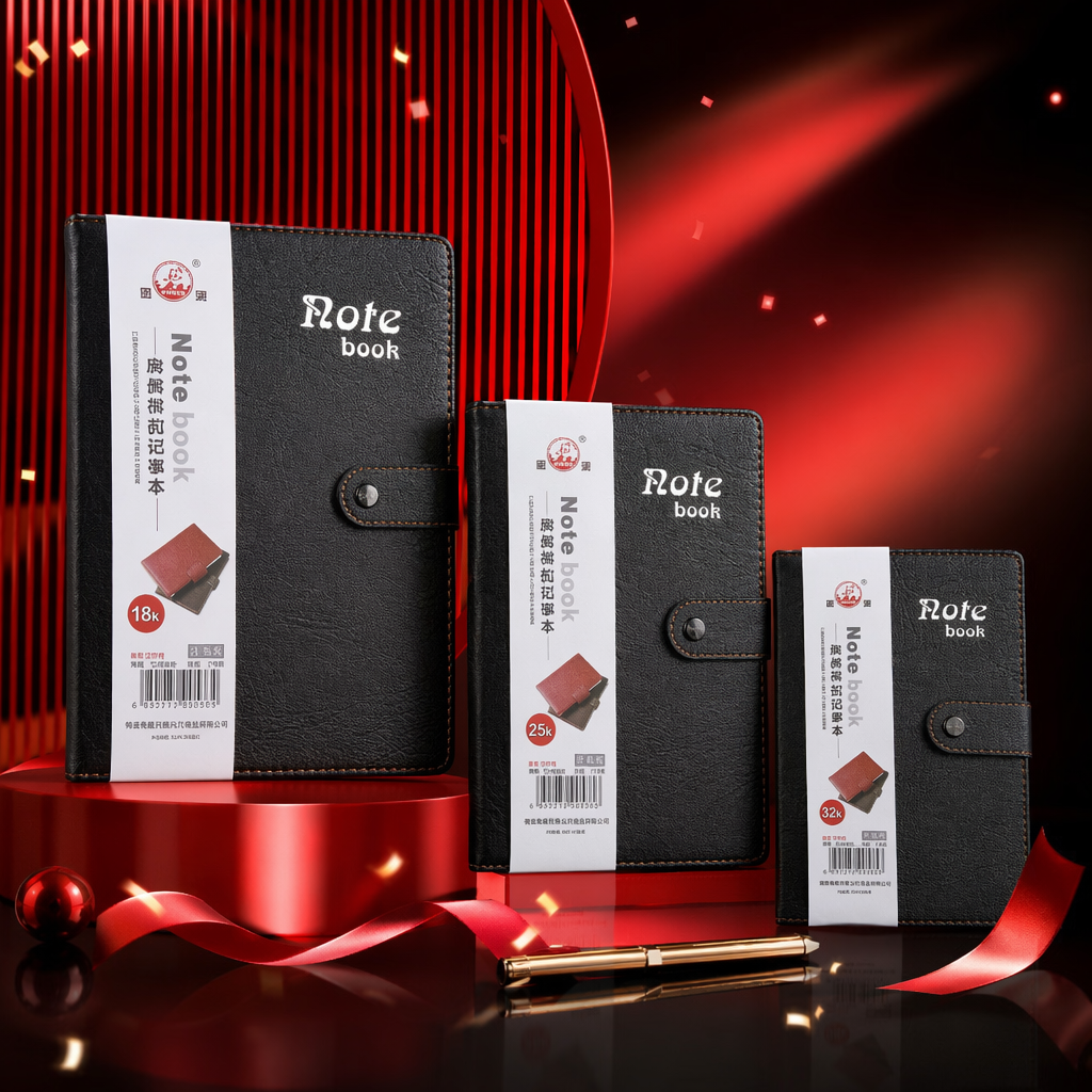 Cuaderno de cuero negro tres tamaños diferentes dispuestos para mostrar Specification image