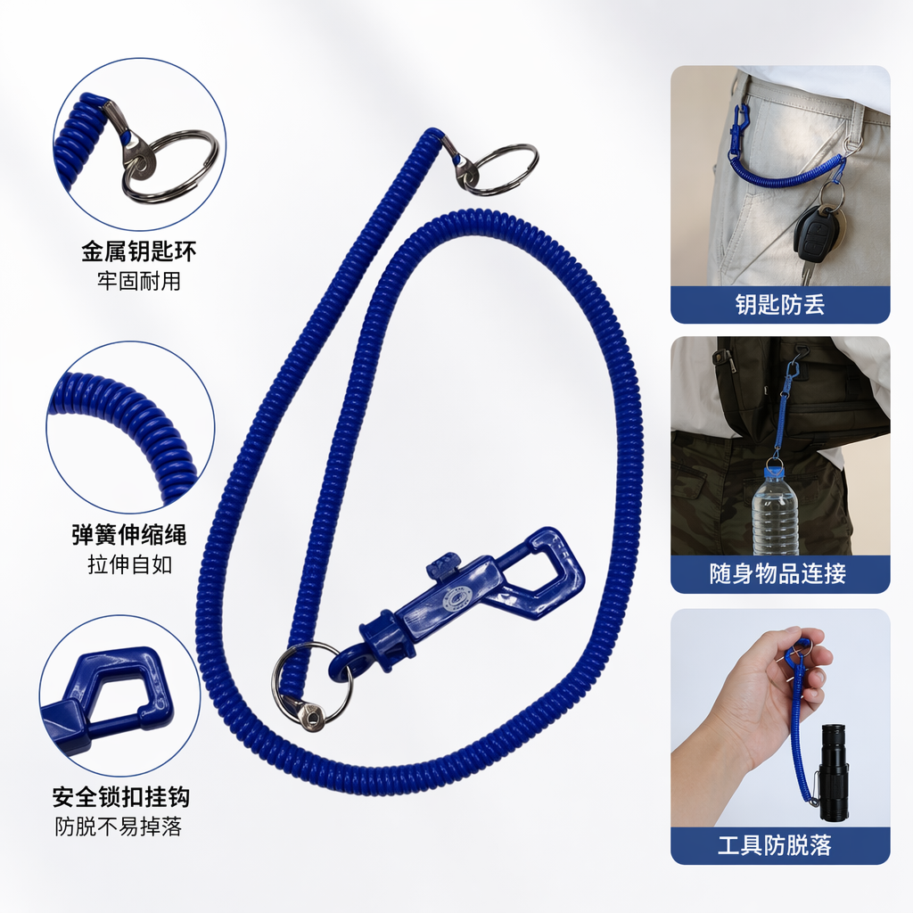 蓝色螺旋伸缩挂绳 便携防丢手机钥匙证件挂带
