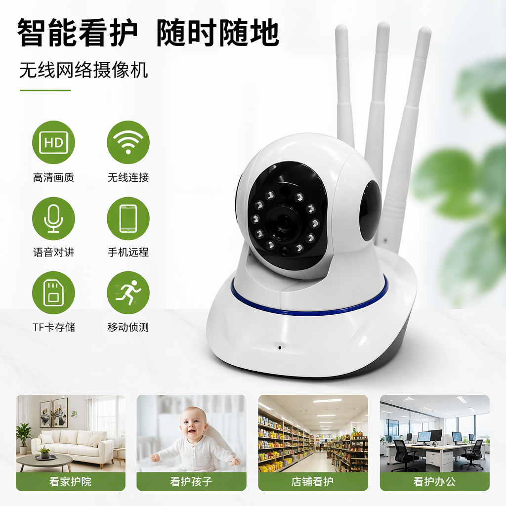 The white surveillance camera is equipped with three antennas and an infrared light ring