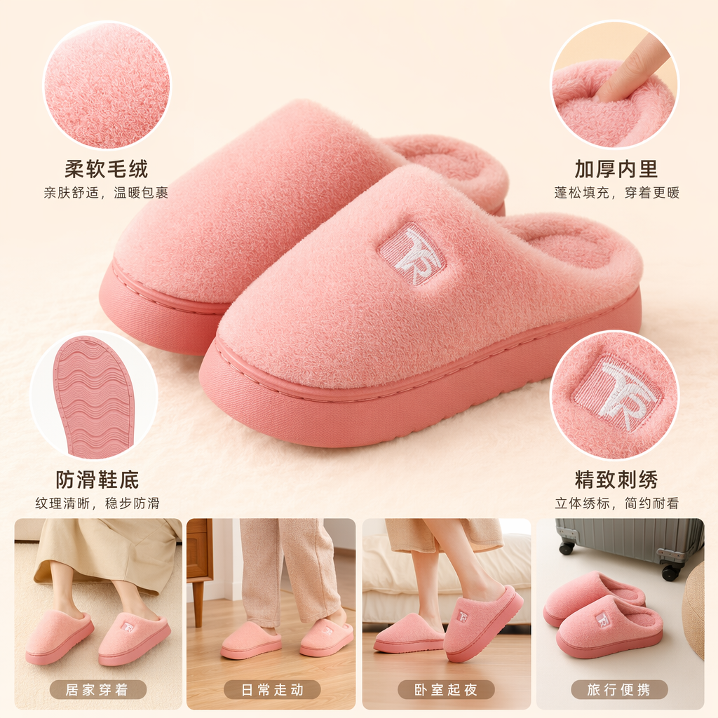 Pink plush slippers for women's home warmth, thickened cotton slippers for couples, autumn and winter indoor soft soles
