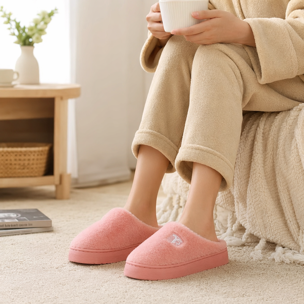 Pink plush slippers for women's home warmth, thickened cotton slippers for couples, autumn and winter indoor soft soles details Picture