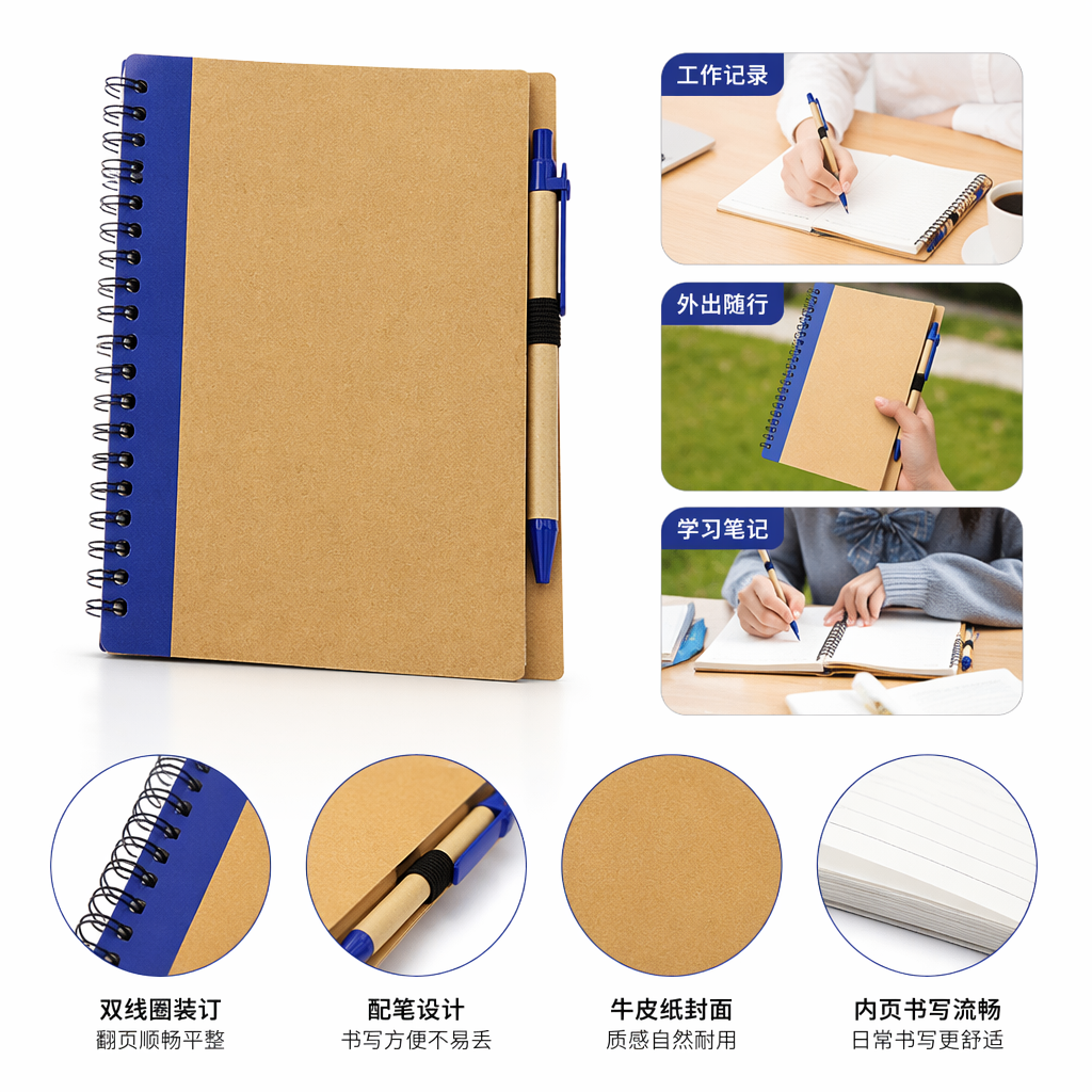 棕色螺旋笔记本配蓝色笔 学生办公用加厚内页简约风