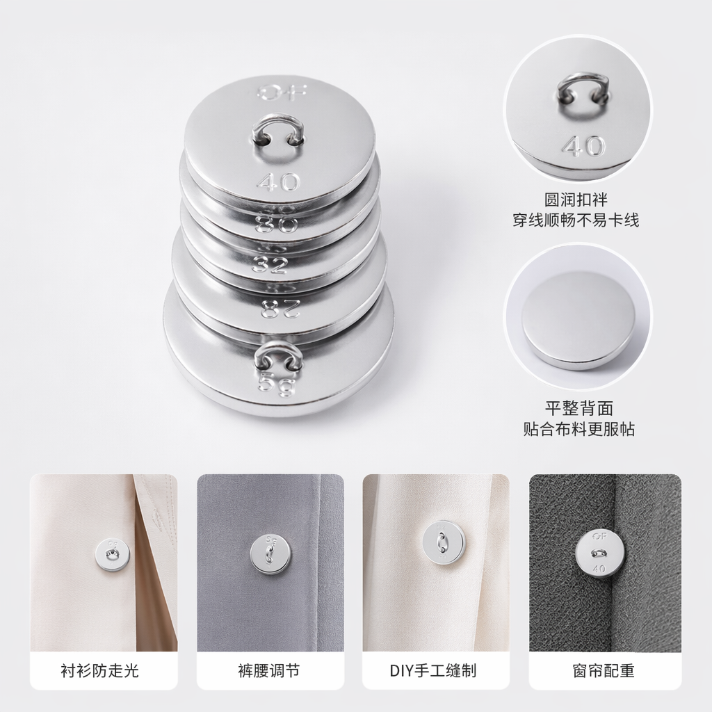 Silver metal digital logo, round button, five-piece set, 32, 36, 40, double-hole, single-hole, pure white background