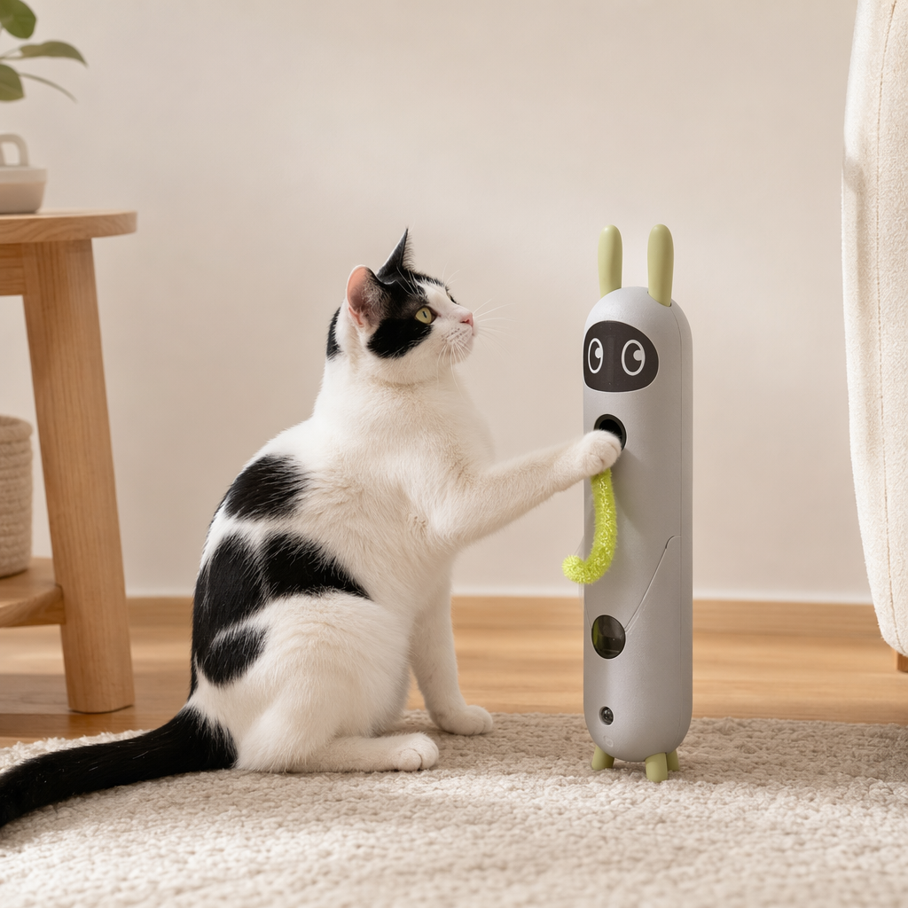 This automatic fun cat toy in the shape of a little white rabbit is specially designed for cats. It intelligently plays with cats, spins around and interacts without hurting their claws details Picture