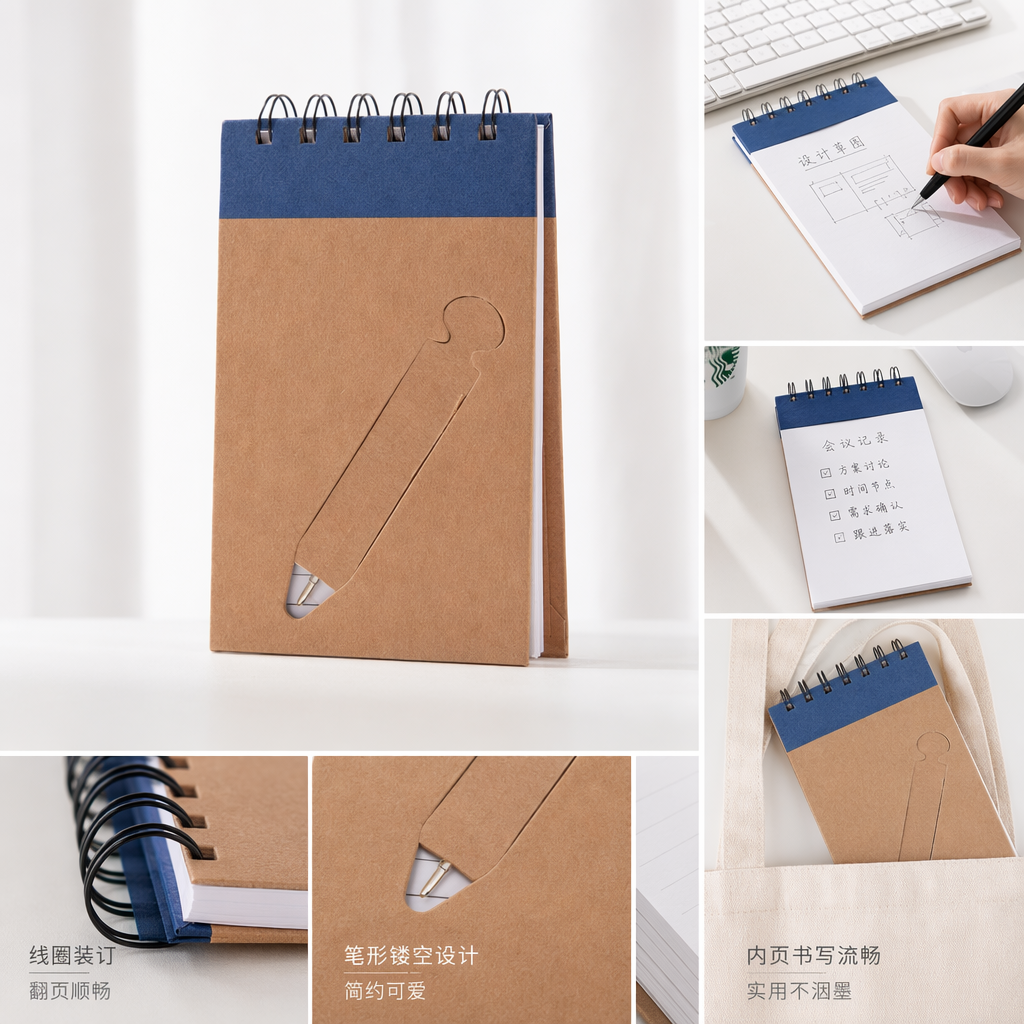 棕色卡纸螺旋笔记本蓝色封顶封面铅笔镂空造型