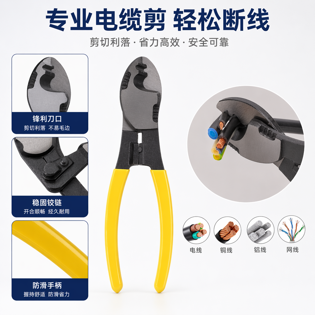 黄色手柄电缆剪刀 高强度钢刃 裁剪电工线缆 便携省力