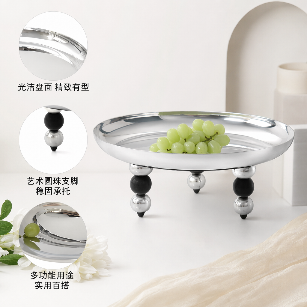 Silver circular tray with three-legged stand metal home display table storage tray