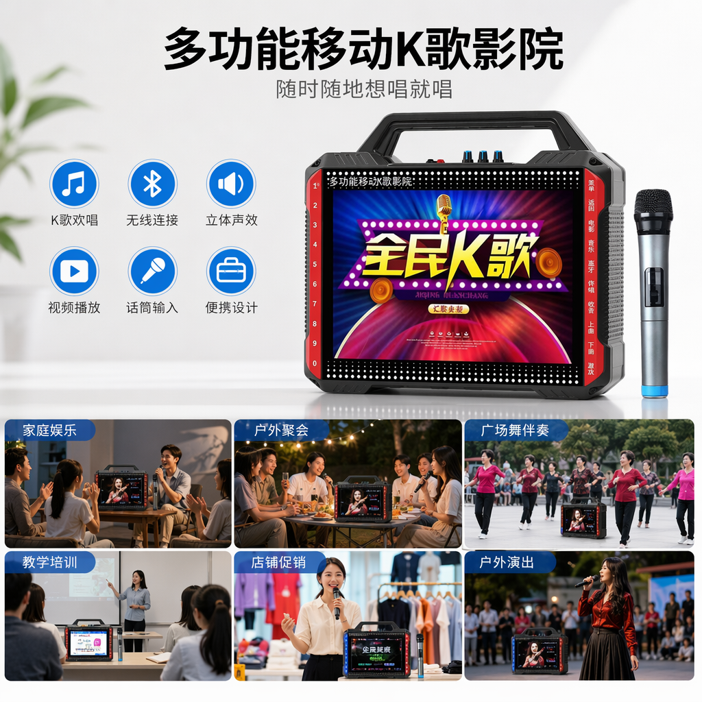 黑色便携K歌设备14 1寸高清彩屏双喇叭蓝牙手柄麦克风