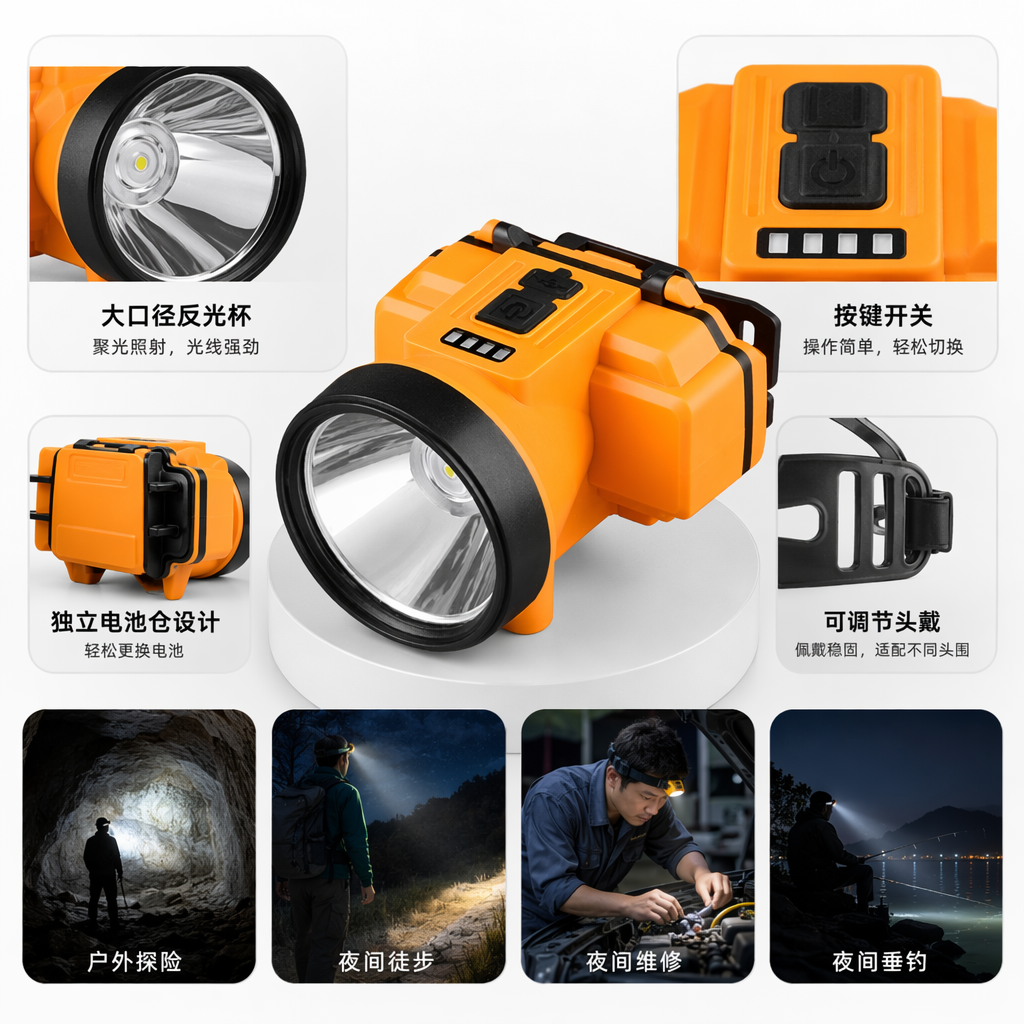Orange headlamp LED adjustable focus rechargeable outdoor mountaineering lighting lamp