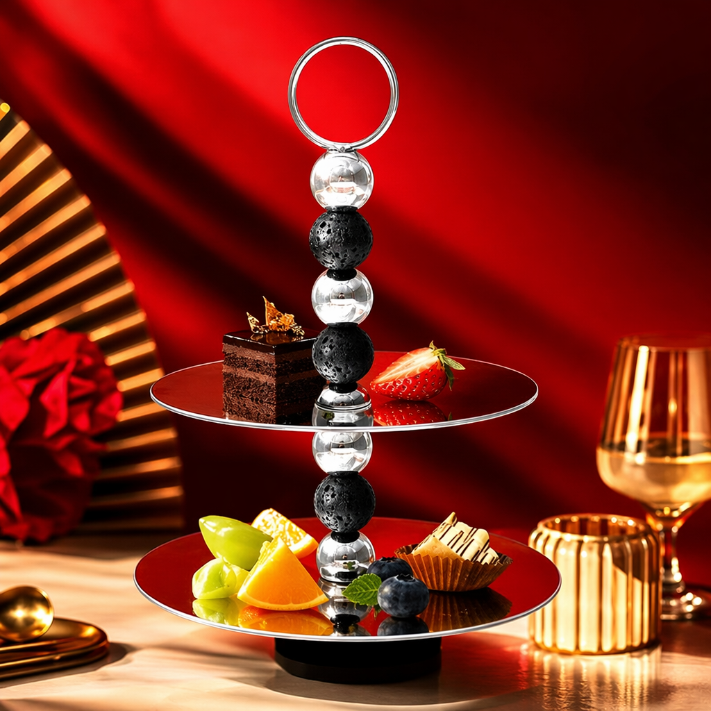 A silver double-layer tray with a circular handle made of black and white beads Specification image