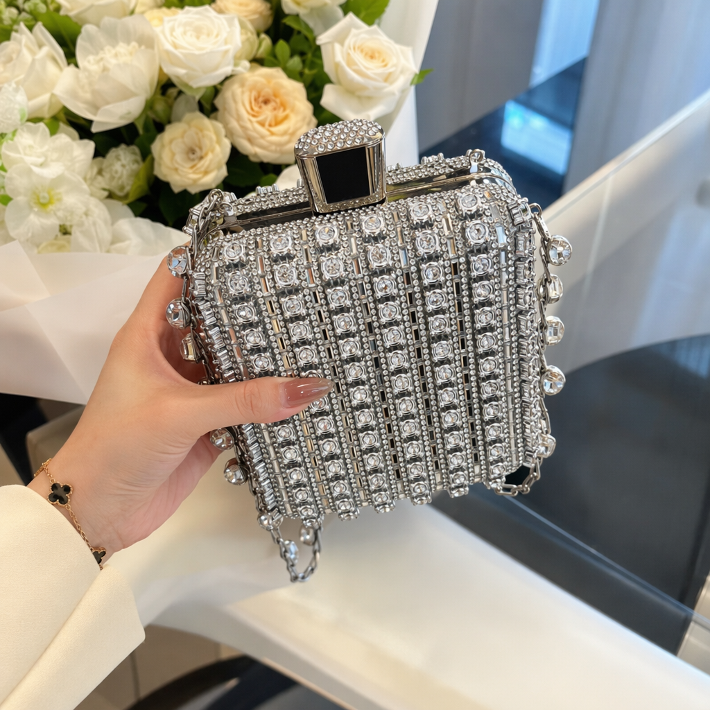 A silver diamond-encrusted handbag for women, a fashionable and versatile commuter light luxury small square bag details Picture