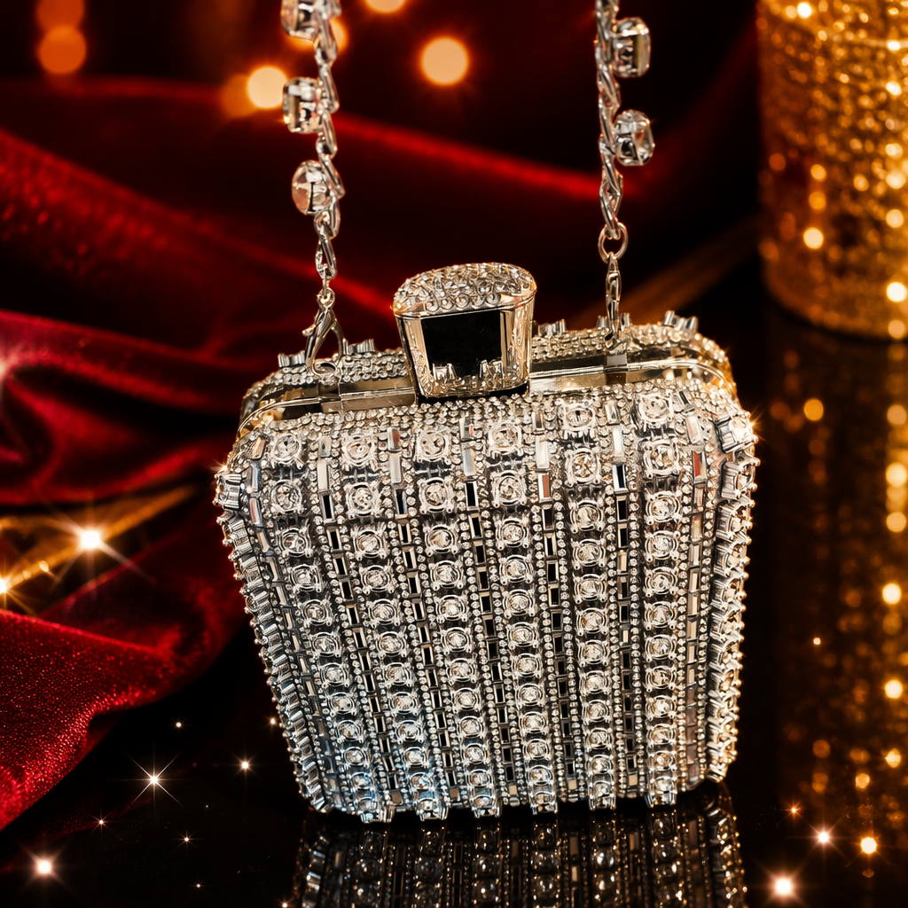 A silver diamond-encrusted handbag for women, a fashionable and versatile commuter light luxury small square bag Specification image