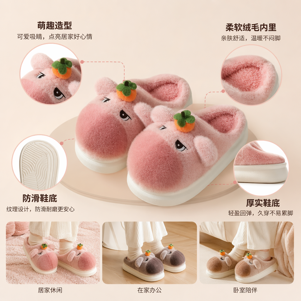 Plush cartoon animal slippers available in multiple colors such as gray, pink and brown, with orange persimmon decoration and EVA white base