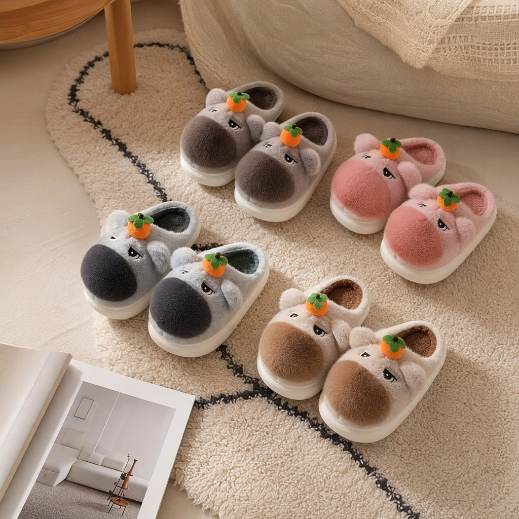 Plush cartoon animal slippers available in multiple colors such as gray, pink and brown, with orange persimmon decoration and EVA white base details Picture