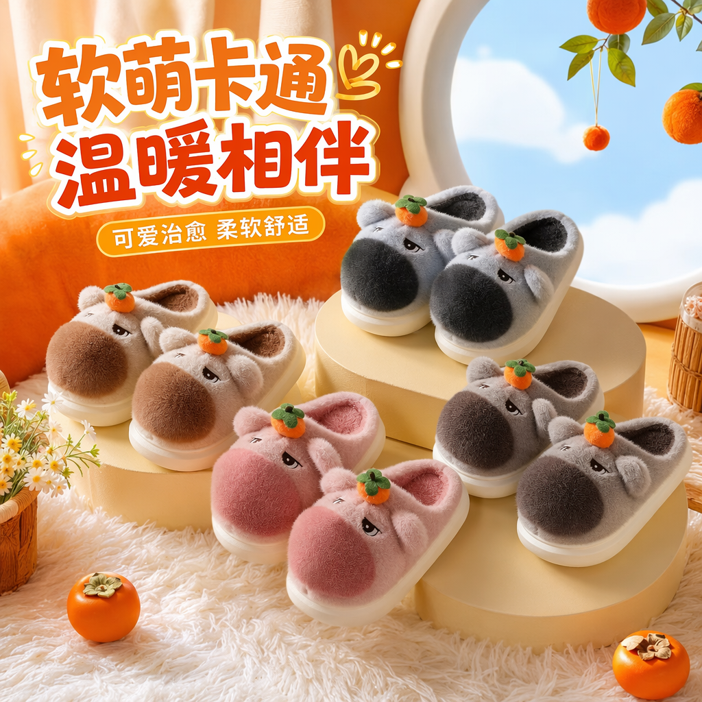 Plush cartoon animal slippers available in multiple colors such as gray, pink and brown, with orange persimmon decoration and EVA white base Specification image