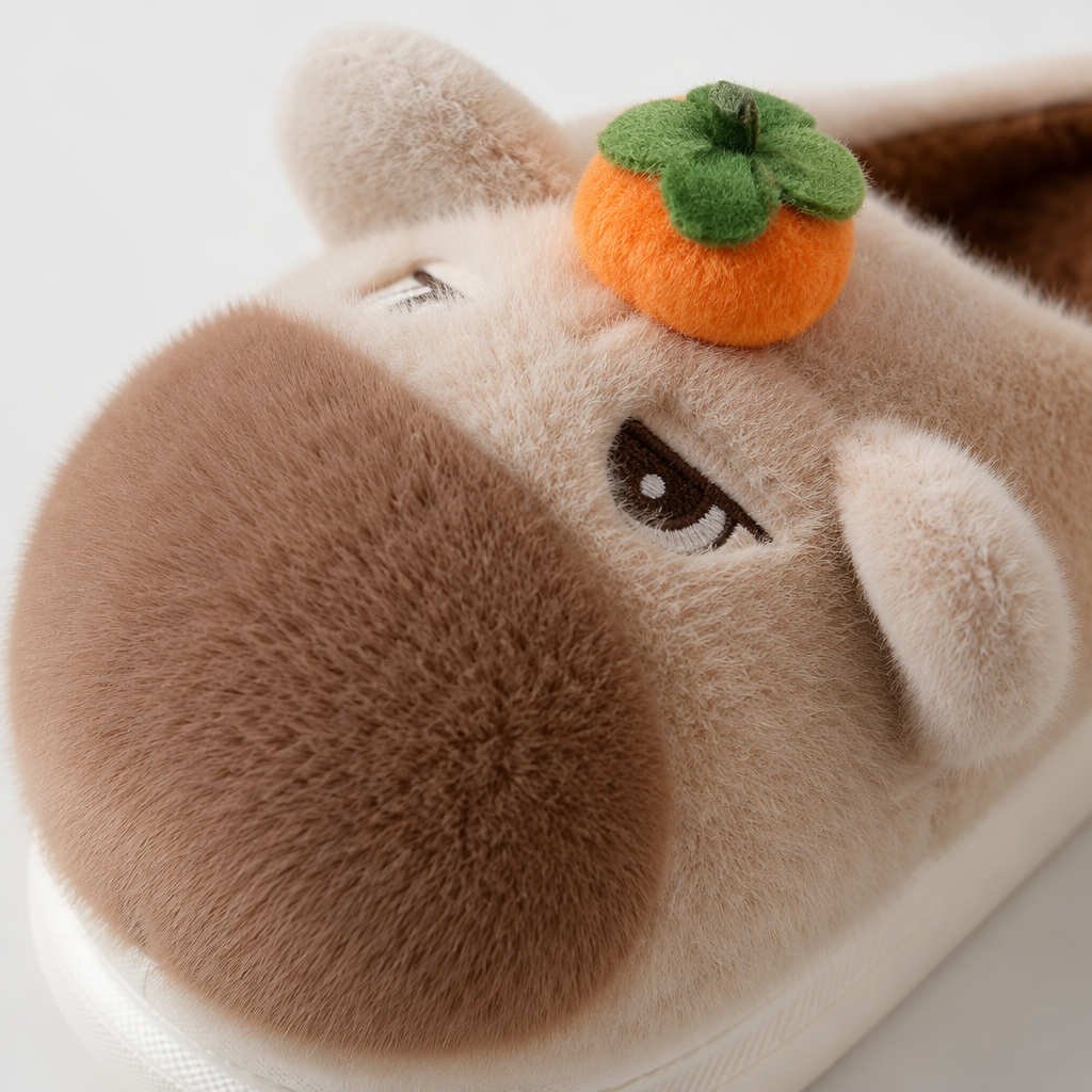 Plush cartoon animal slippers available in multiple colors such as gray, pink and brown, with orange persimmon decoration and EVA white base Application Scenario