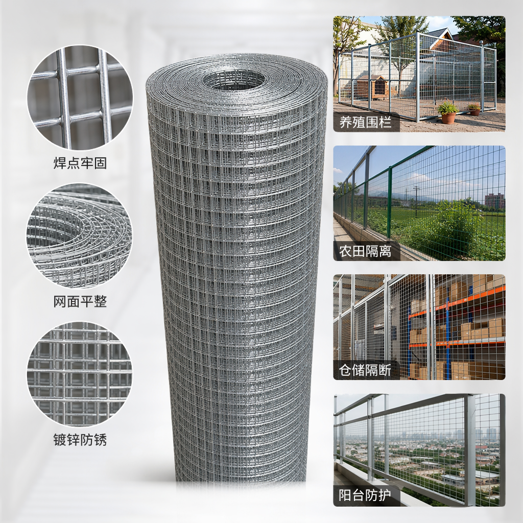 Silver rolled welded wire mesh for building reinforcement, 1-meter-wide galvanized welded steel wire mesh