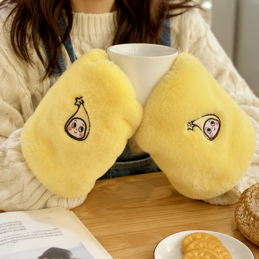 Yellow plush gloves, thickened, warm and anti-slip, suitable for women in autumn and winter details Picture