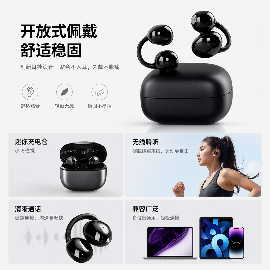 Black wireless earphone set with charging case, earbuds, data cable, instruction manual and packaging box