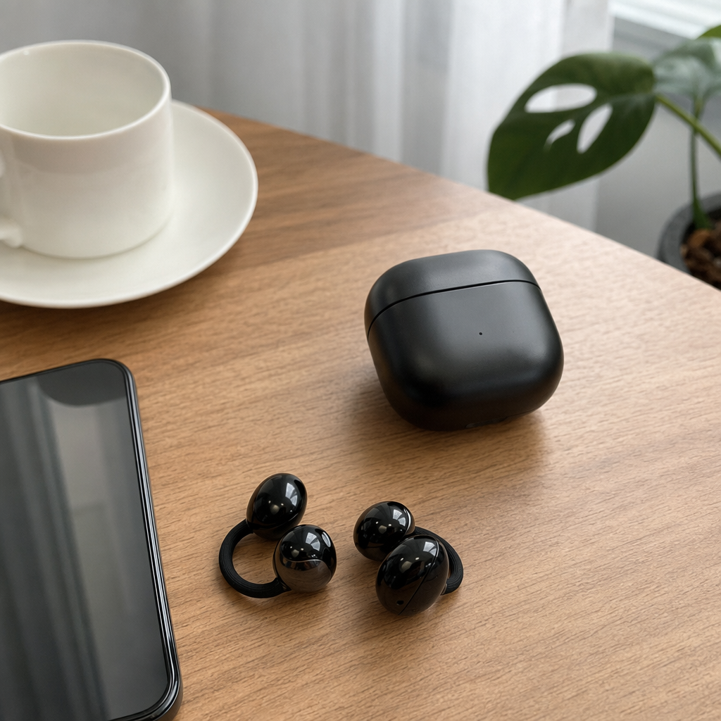 Black wireless earphone set with charging case, earbuds, data cable, instruction manual and packaging box details Picture
