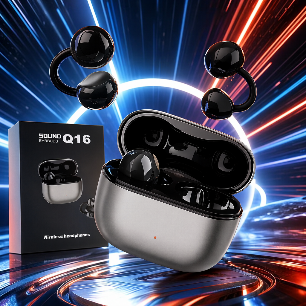 Black wireless earphone set with charging case, earbuds, data cable, instruction manual and packaging box Specification image