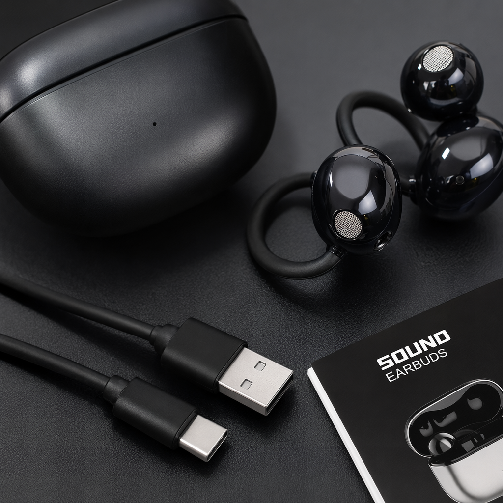 Black wireless earphone set with charging case, earbuds, data cable, instruction manual and packaging box Application Scenario