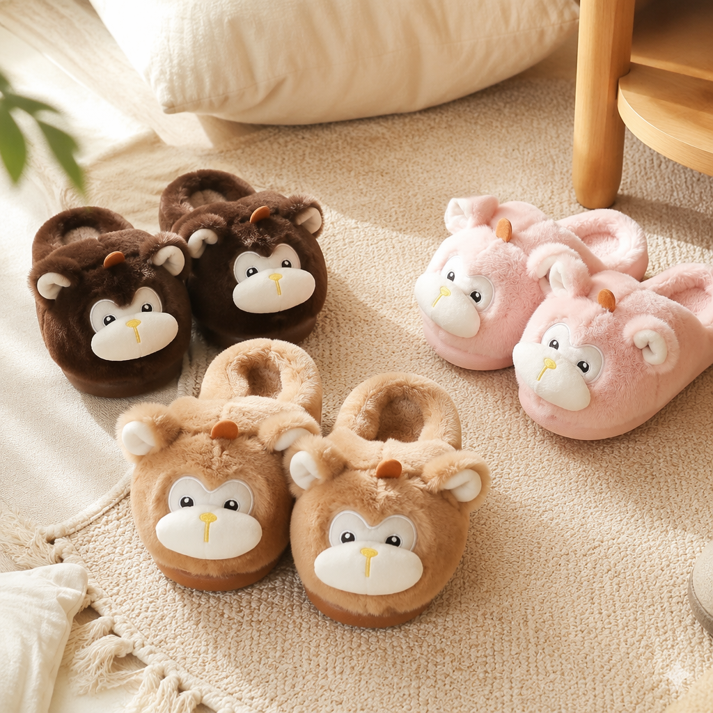 Plush monkey-shaped home slippers, cute and warm indoor cotton slippers details Picture