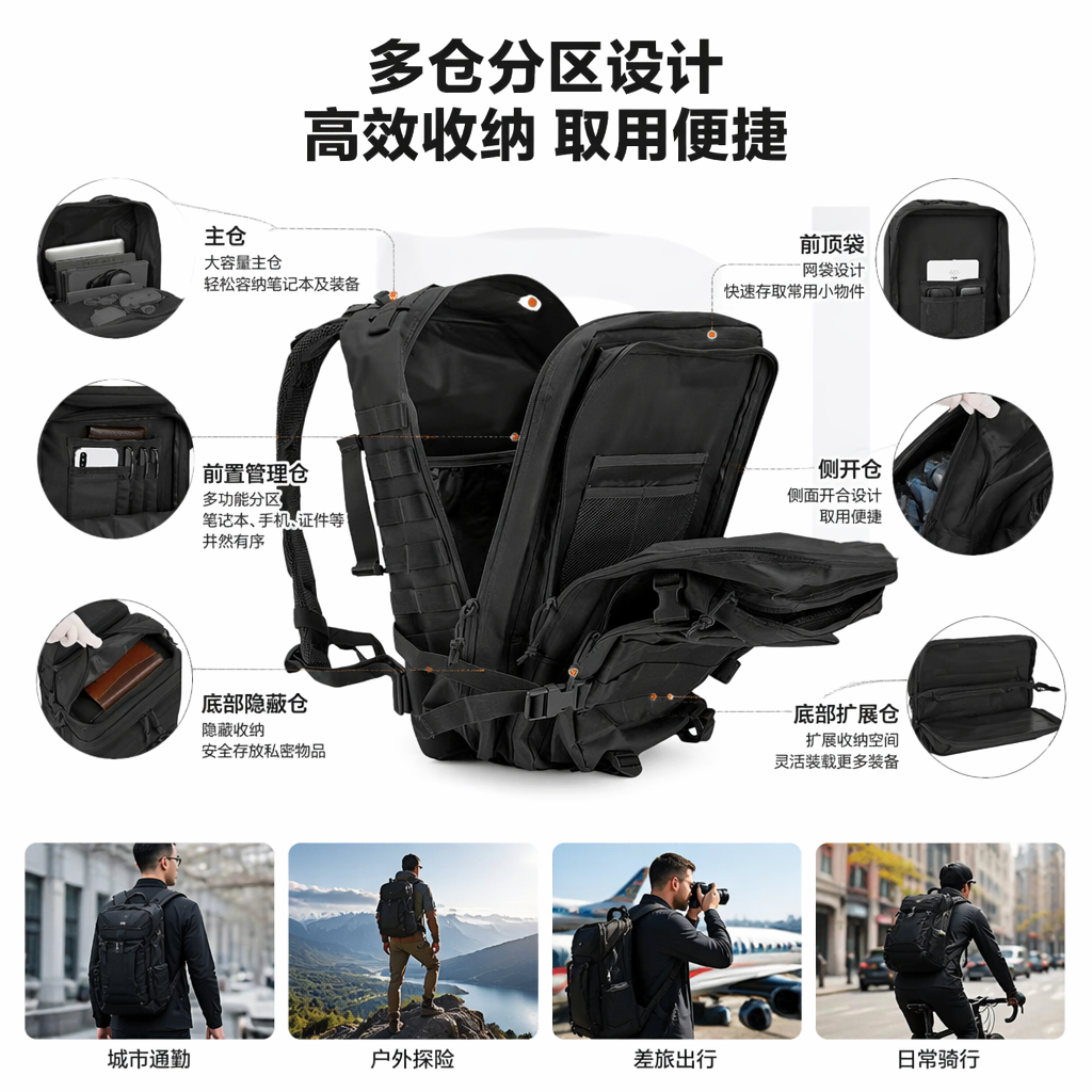 Black tactical backpack, waterproof and wear-resistant nylon 30L large-capacity commuter hiking backpack
