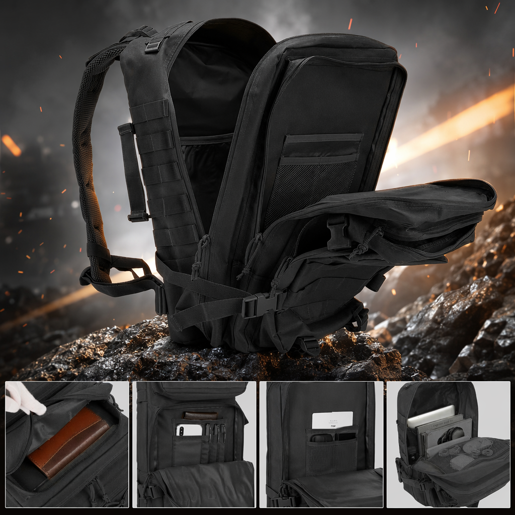 حقيبة ظهر تكتيكي أسود مقاوم للماء من طراز النايلون 30L محمولة على الظهر Specification image