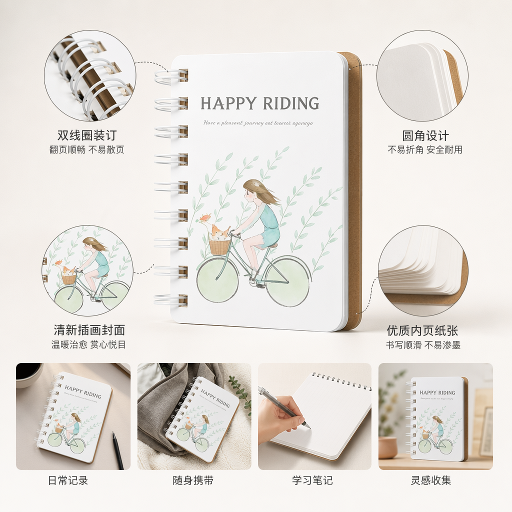 The cover of the white spiral-bound notebook is printed with the words "HAPPY RIDING" and the illustration of a girl riding a bike with a cat