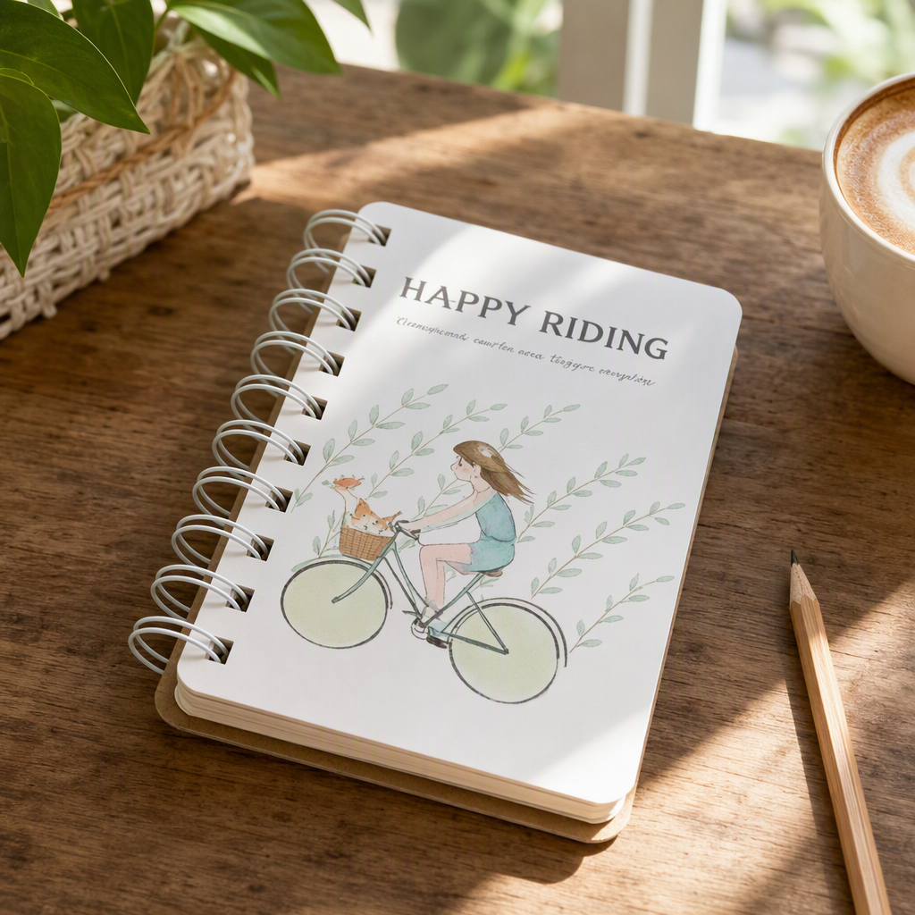 The cover of the white spiral-bound notebook is printed with the words "HAPPY RIDING" and the illustration of a girl riding a bike with a cat details Picture
