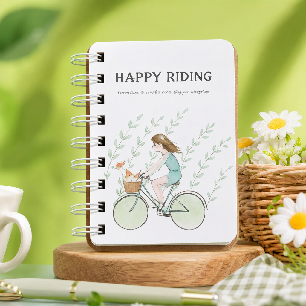 The cover of the white spiral-bound notebook is printed with the words "HAPPY RIDING" and the illustration of a girl riding a bike with a cat Specification image