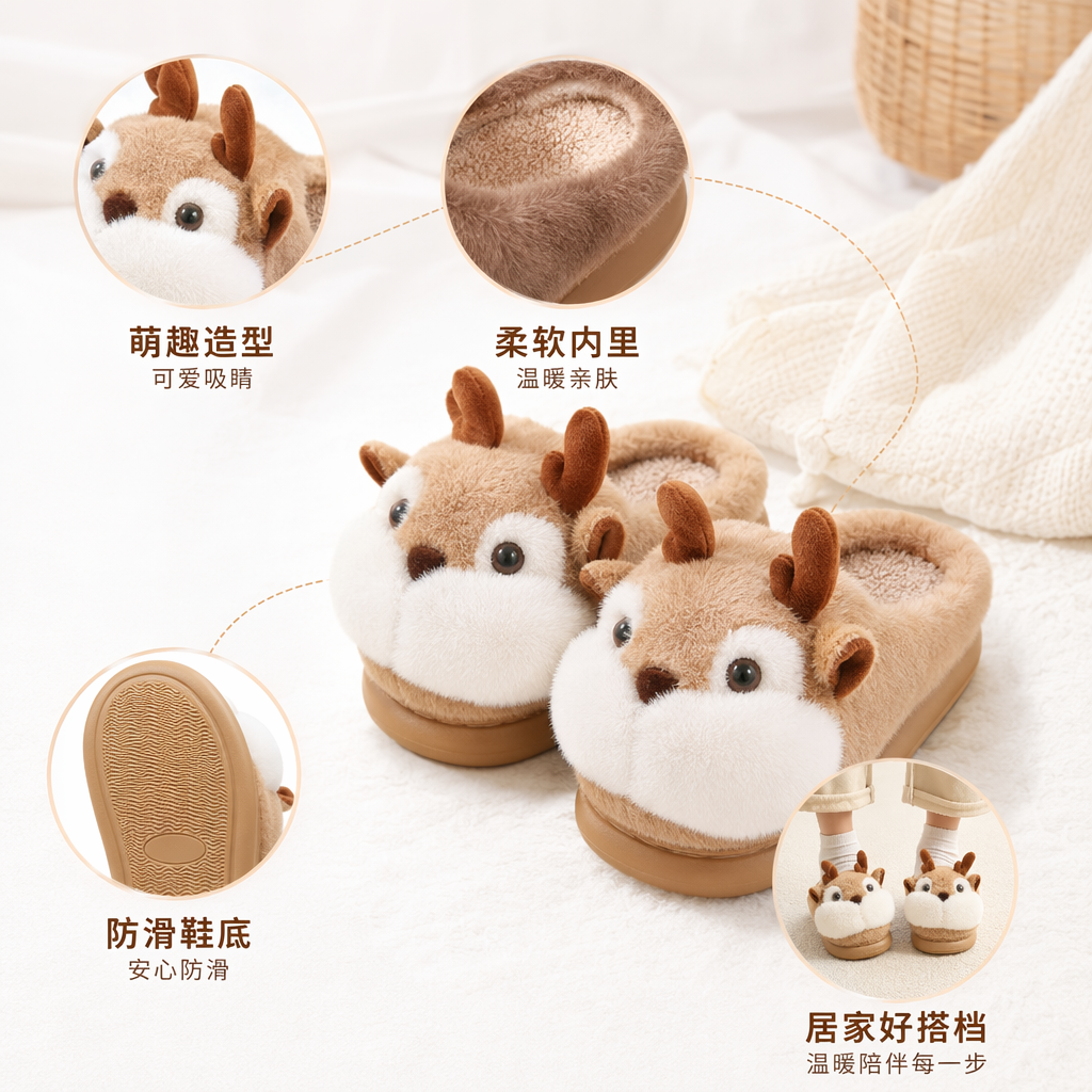 The plush deer head home slippers are cute and warm. The indoor cotton slippers are unisex